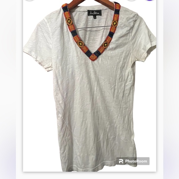 Sam Edelman Seed Beaded T-shirt Size S Women V-Neck - Picture 1 of 8